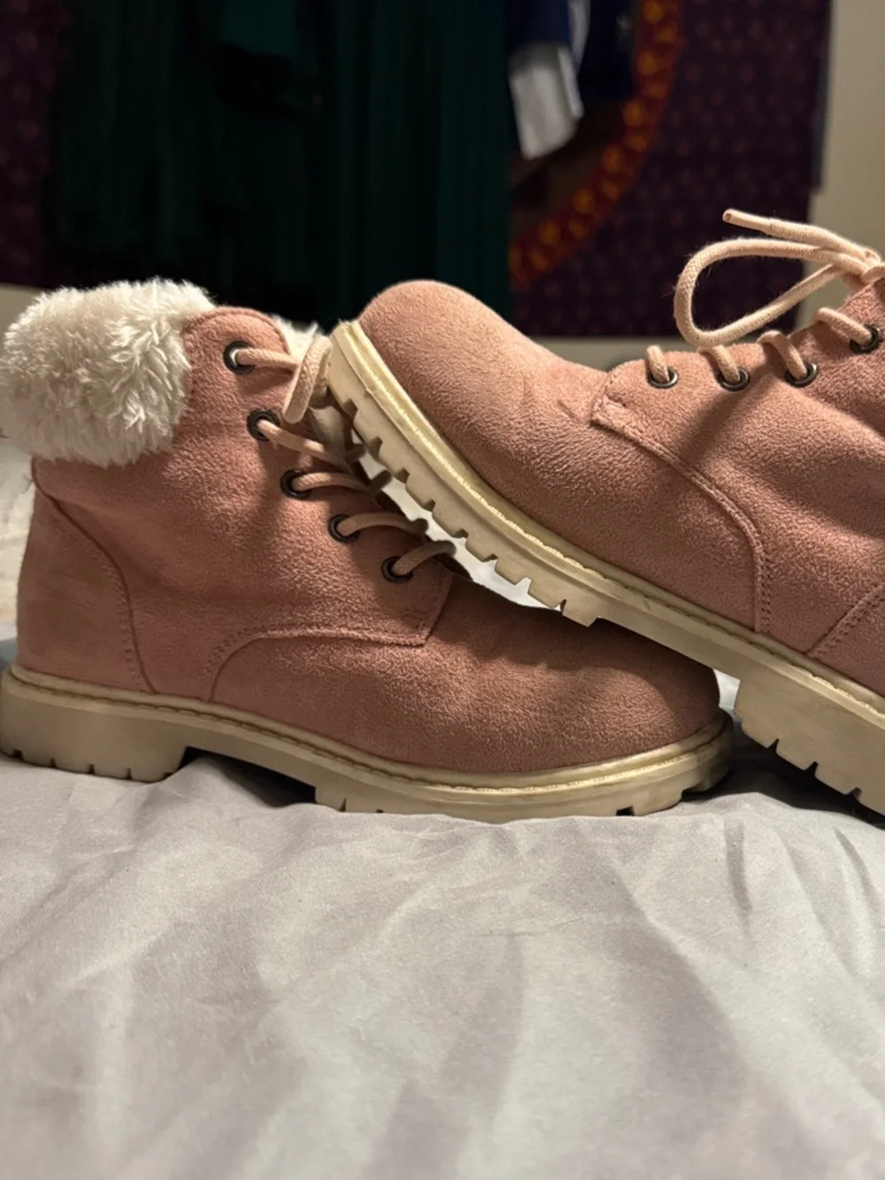 Girl’s Faux-Suede Pink Ankle Boots with Faux-Fur Collar